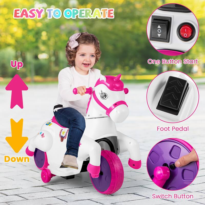 Gymax 12V Kids Ride on Unicorn Toy w/ Training Wheels Music One-button