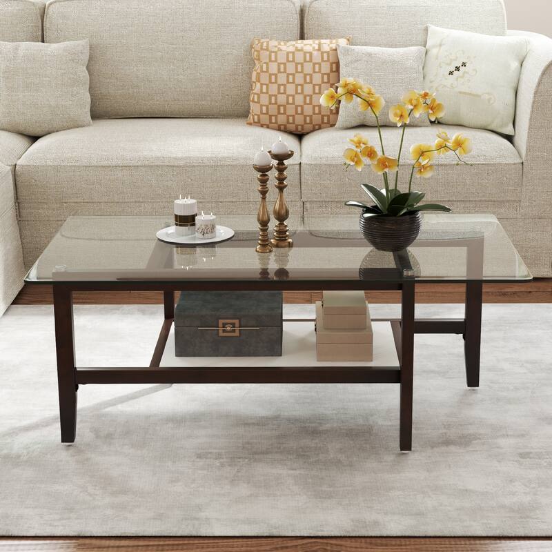 Gymax 2-Tier Glass Coffee Table w/ Storage Shelf Solid Rubber Wood