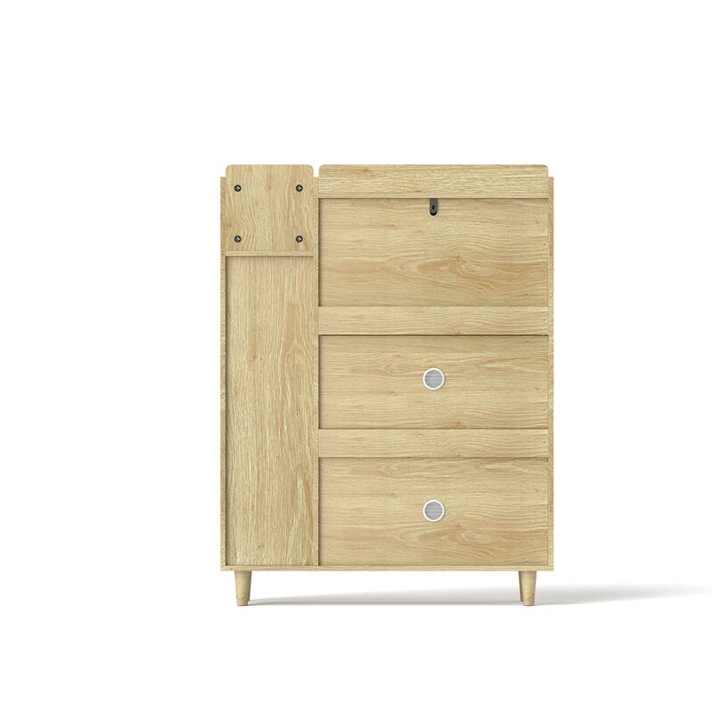 Freestanding Shoe Storage Cabinet, Narrow Hidden Shoe Rack with 3 Rattan Flip Drawers, 3 Square Shelves & 1 Storage Drawer