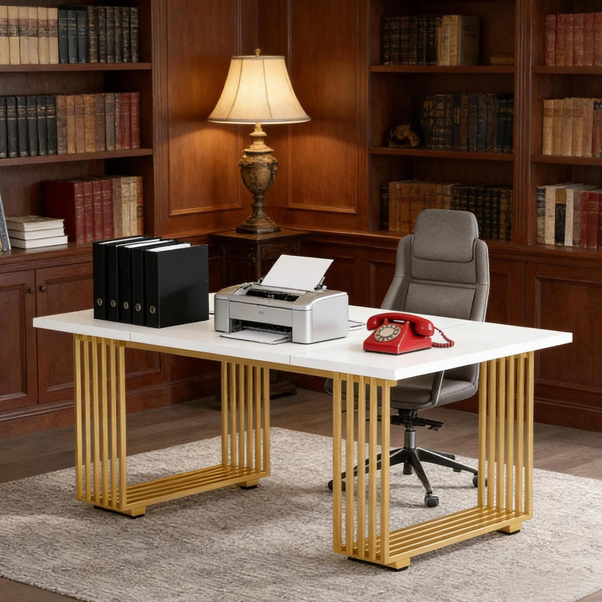 70-Inch White & Gold Executive Office Desk