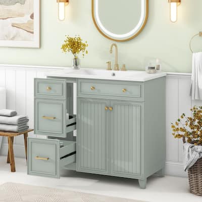 36-inch Bathroom Vanity, Single Bathroom Cabinet with Resin Sink, 2 Drawers and 1 Adjustable Storage Shelf, 2 Soft-close Doors