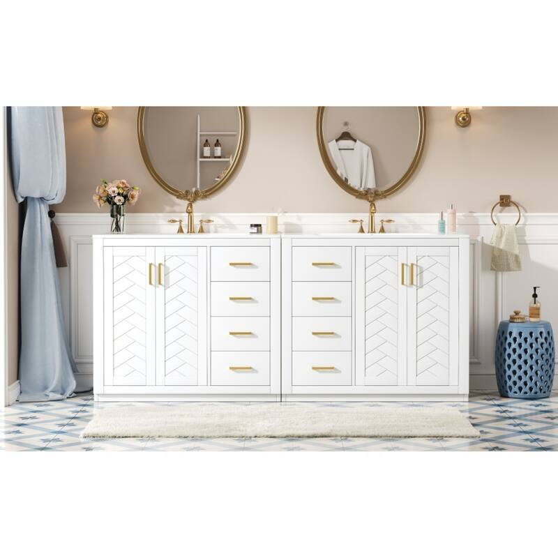 Roomfitters 72 Inch Bathroom Vanity with Ceramic Sink, Solid Wood Frame Cabinet with Sliding Tiers & Soft Close Doors, White