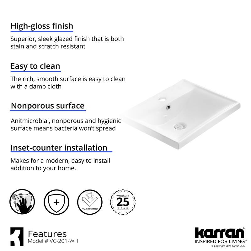 Karran Valera 21" Top Mount Vitreous China Bathroom Sink in White with Overflow Drain