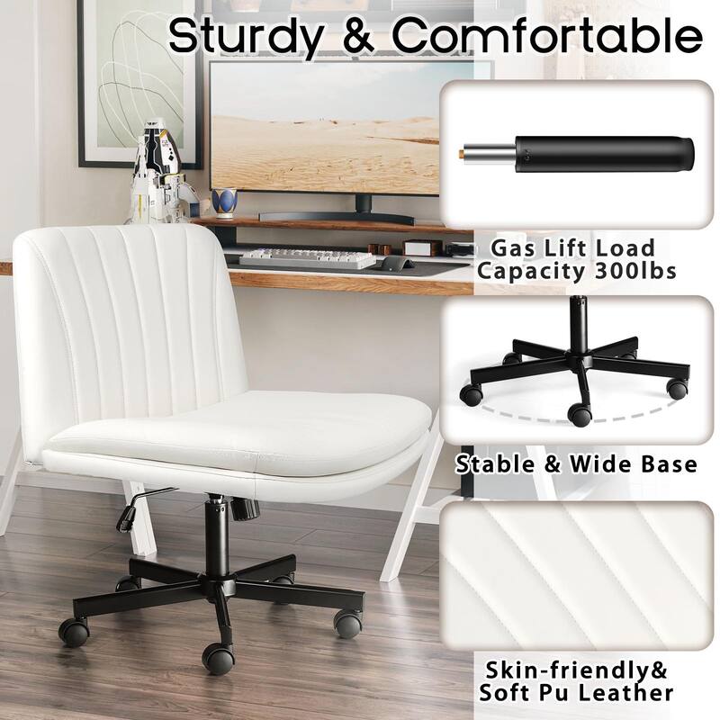 Bossin Criss Cross Chair with Wheels,PU Leather Armless Cross Legged Office chair, Adjustable Wide Seat Task Vanity Chair
