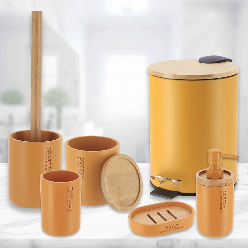 Bathroom Accessories with Natural Accents, Modern 6-piece Set - Mustard Yellow
