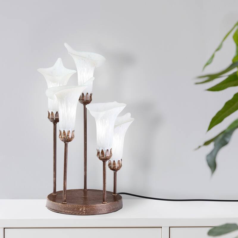 Calla Lilies River of Goods Bronze Metal and White Glass Bell Shades 19.5-Inch Table Lamp - 12" x 9" x 19.5"