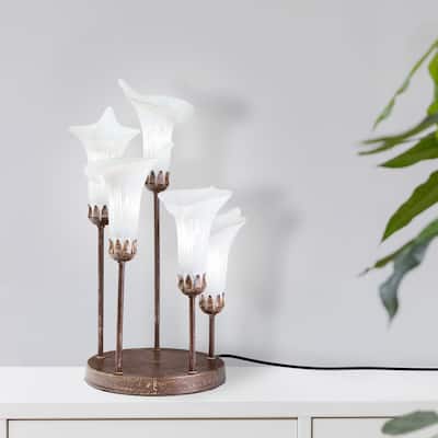 Calla Lilies River of Goods Bronze Metal and White Glass Bell Shades 19.5-Inch Table Lamp - 12" x 9" x 19.5"