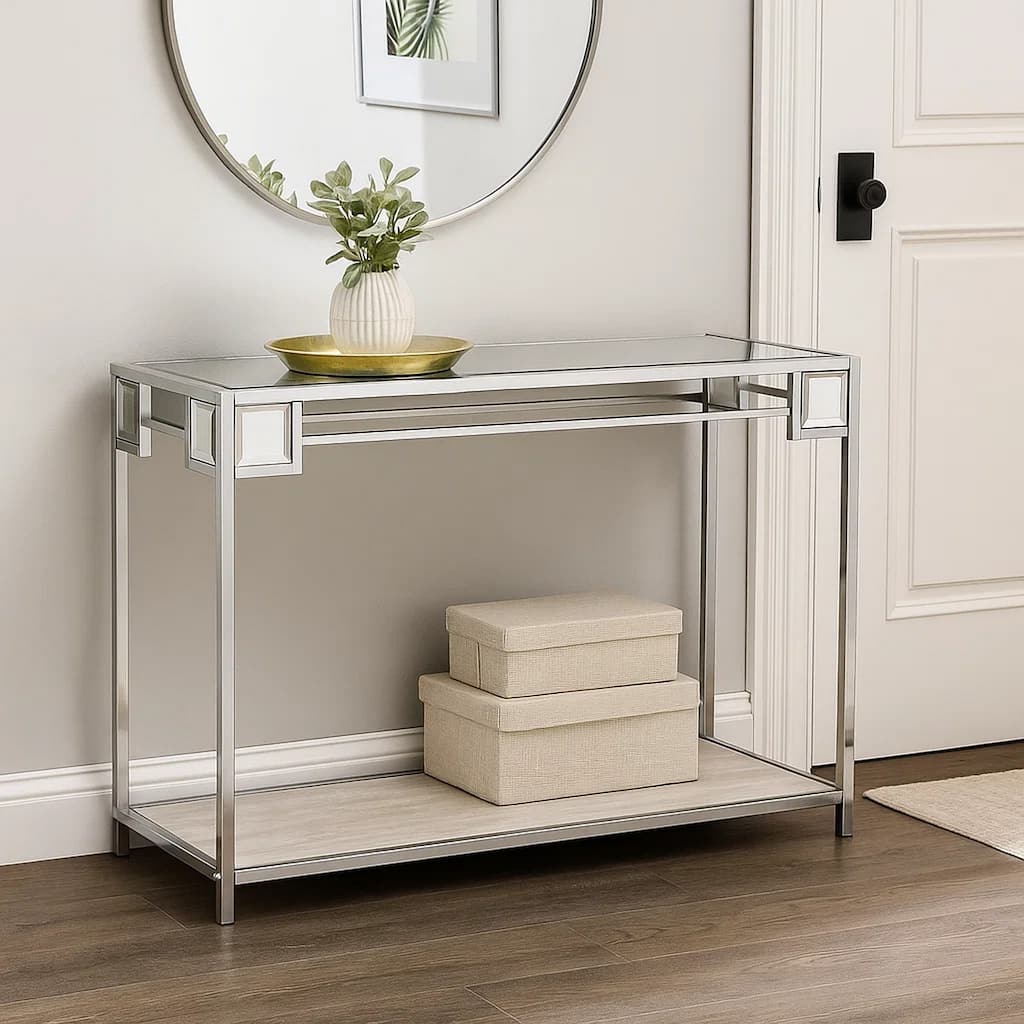 Mirror Top Metal Console Table with Wooden Open Bottom Shelf, Silver
