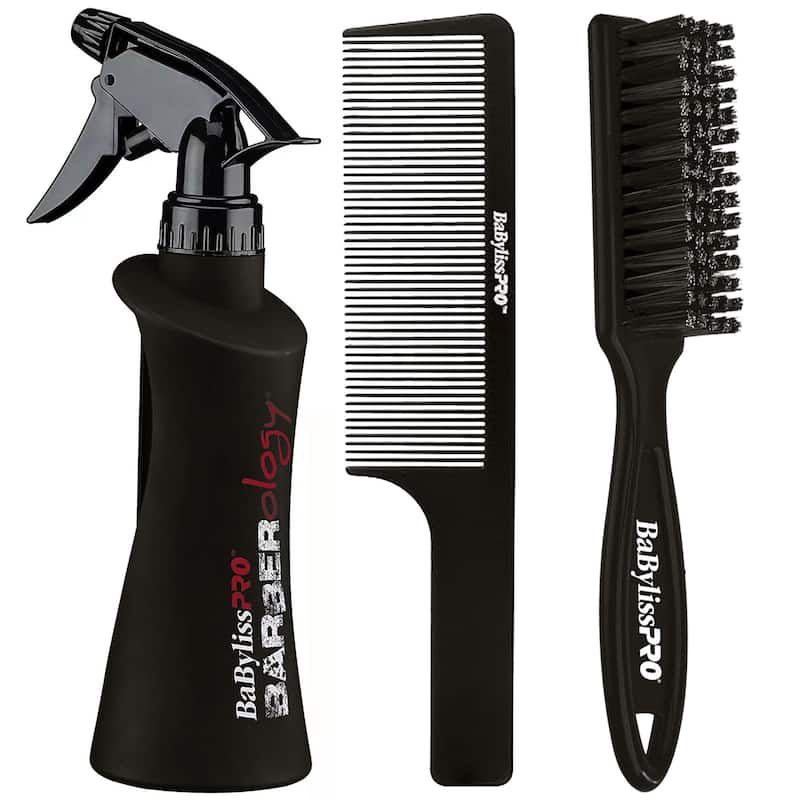 Babyliss Pro BSPRAYBOT Barberology 10oz Spray Bottle + Fade Brush BPFADEB + 9" Clipper Comb - Black