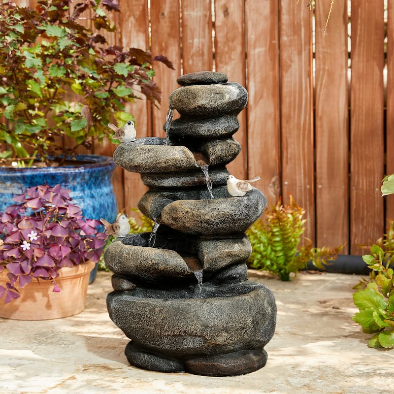 Glitzhome 21"H Zen-Style Faux Stone Birdbath Outdoor Fountain with Birds & LED Light