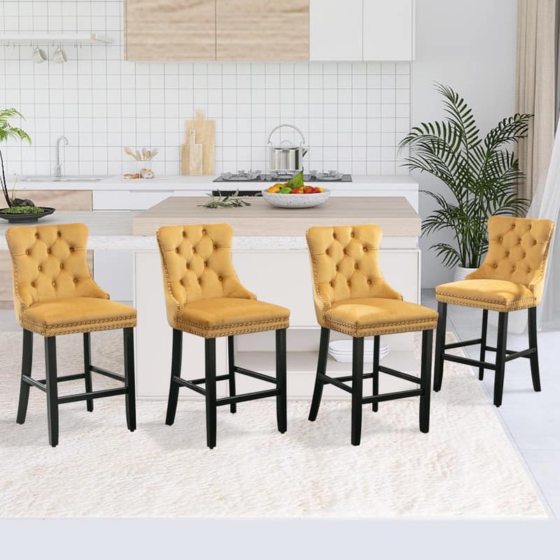 Wing Back Velvet Tufted Nailhead Barstools(Set of 4)