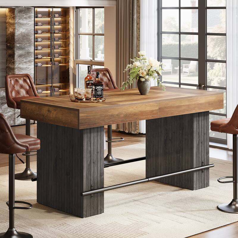 63-Inch Bar Table, Industrial Counter Height Pub Dining Table with Metal Footrest - Rustic Brown