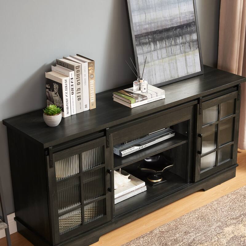 Multipurpose Sliding Door TV Stand Large Storage Cabinet with 2 Sliding Fluted Glass Tempered Doors, TV Up to 65''
