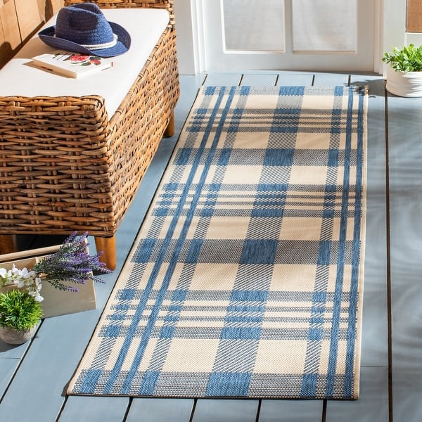 slide 1 of 86, SAFAVIEH Courtyard Jolene Plaid Indoor/ Outdoor Waterproof Patio Backyard Rug 2'3" x 10' Runner - Beige/Blue