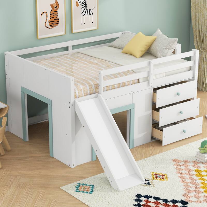 Full Size Low Loft Bed with Slide, Stairs, and Storage by Harper&Bright Designs