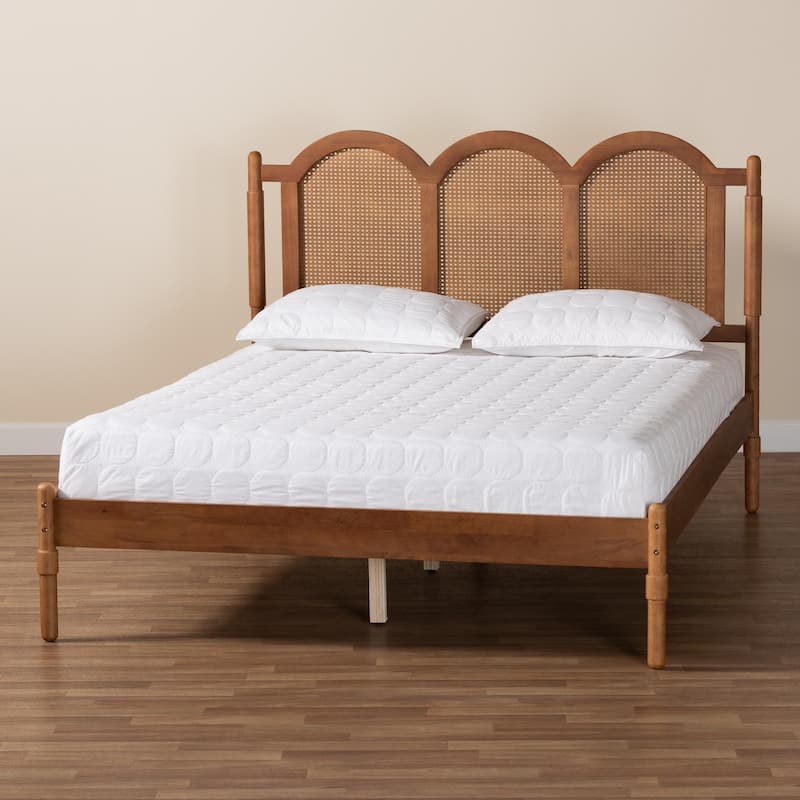 Thatcher Mid-Century Modern Walnut Brown Finished Wood Queen Size Platform Bed with Woven Rattan