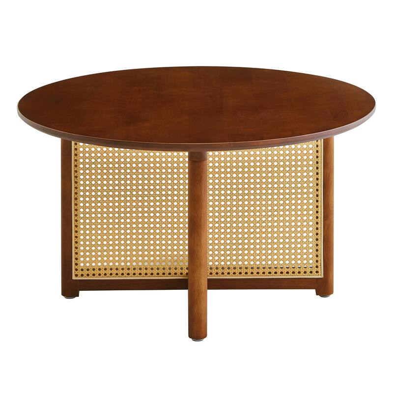 Mid Century Wooden Coffee Table Bohemian Style Coffee Table with Solid Wood and Frame Rattan Stand, for Living Room - Beige