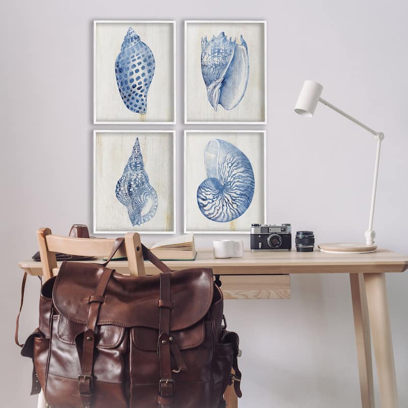 Stupell Blue Seashells on Beige Framed Giclee Art Design By Susan Arnot (Set of 4)