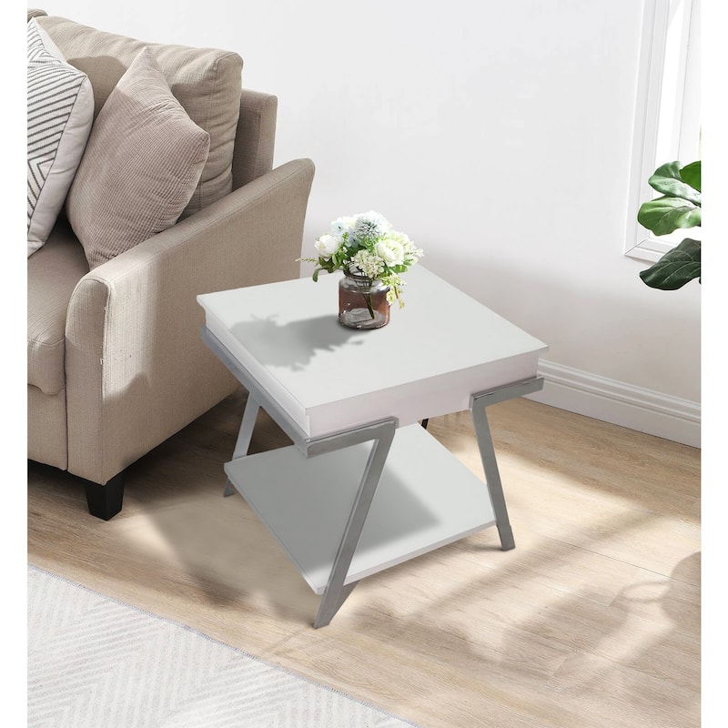 Casey 26 Inch End Table, Chrome Angled Metal Frame, Square Glossy White Top