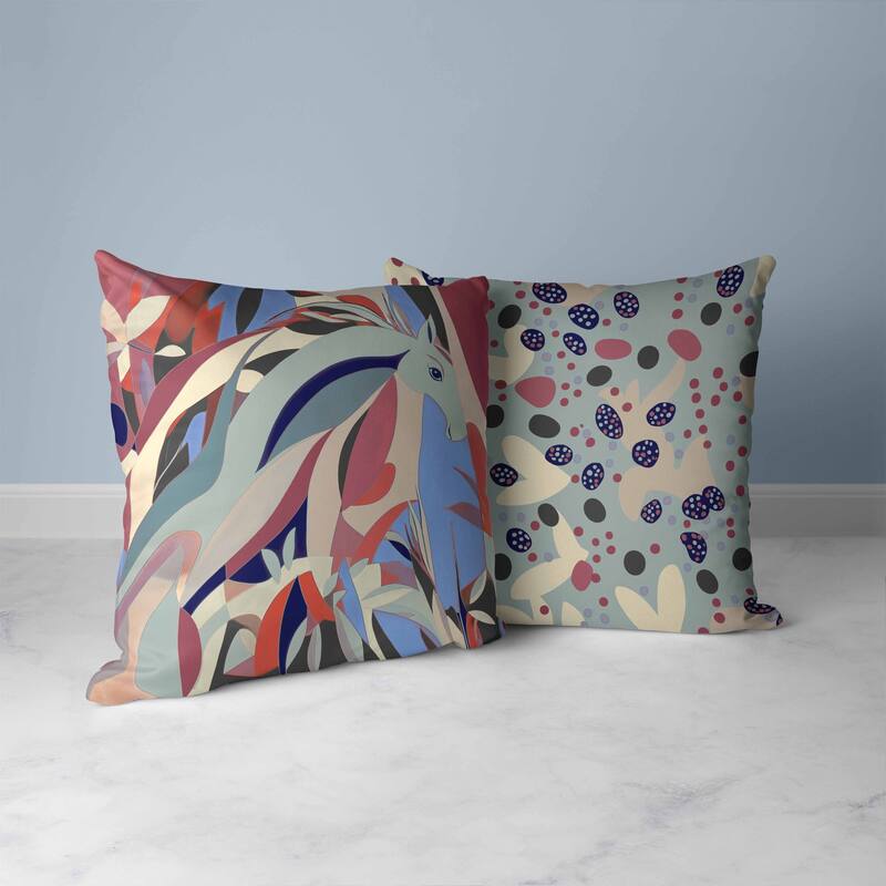 Mythical Horse Faux Suede Reversible Throw Pillow Red and Blue