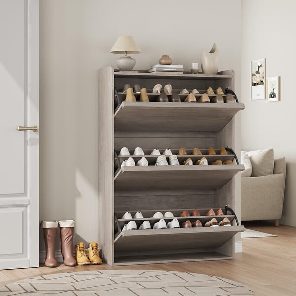 DIYART White Shoe Storage Cabinet - 3 Flip Drawers, Fits Up To Size 16 Shoes