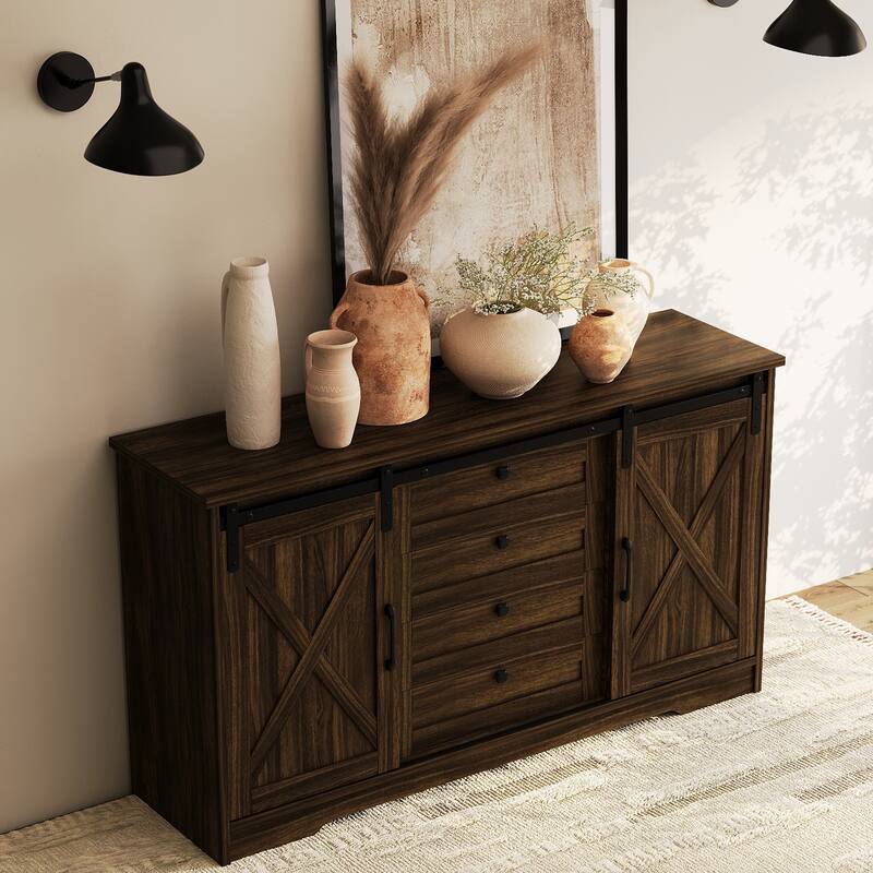 JASIWAY Barn Buffet Sideboard Cabinet with 2 Doors and 4 Drawers