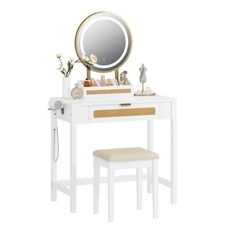 COSTARS Rattan Makeup Vanity Desk with Mirror and Lights, White Vanity Table with Drawers,Dressing Table with 3 Lighting Modes