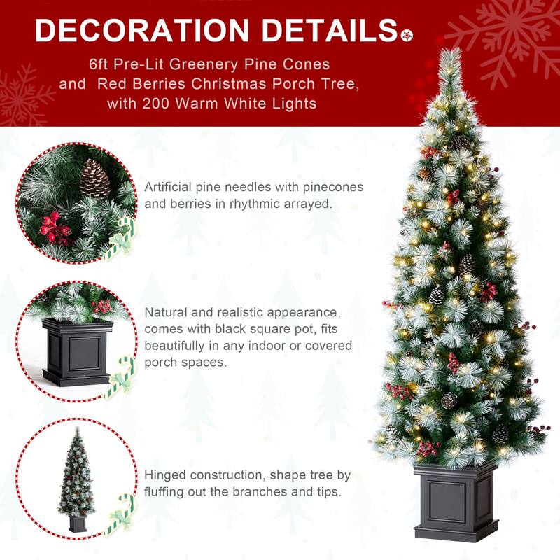 Glitzhome Christmas 5-Piece Set with Berry Leaf Wreath, Teardrop and 4/5ft Potted Trees for Entrance Decoration