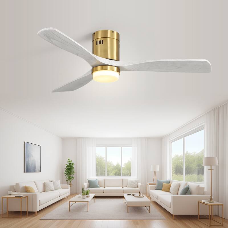 Sofucor 42/52 Inch Low Profile Flush Mount Ceiling Fan with Light,Remote Control,Solid wood/ABS Blades,Reversible Quiet DC Motor