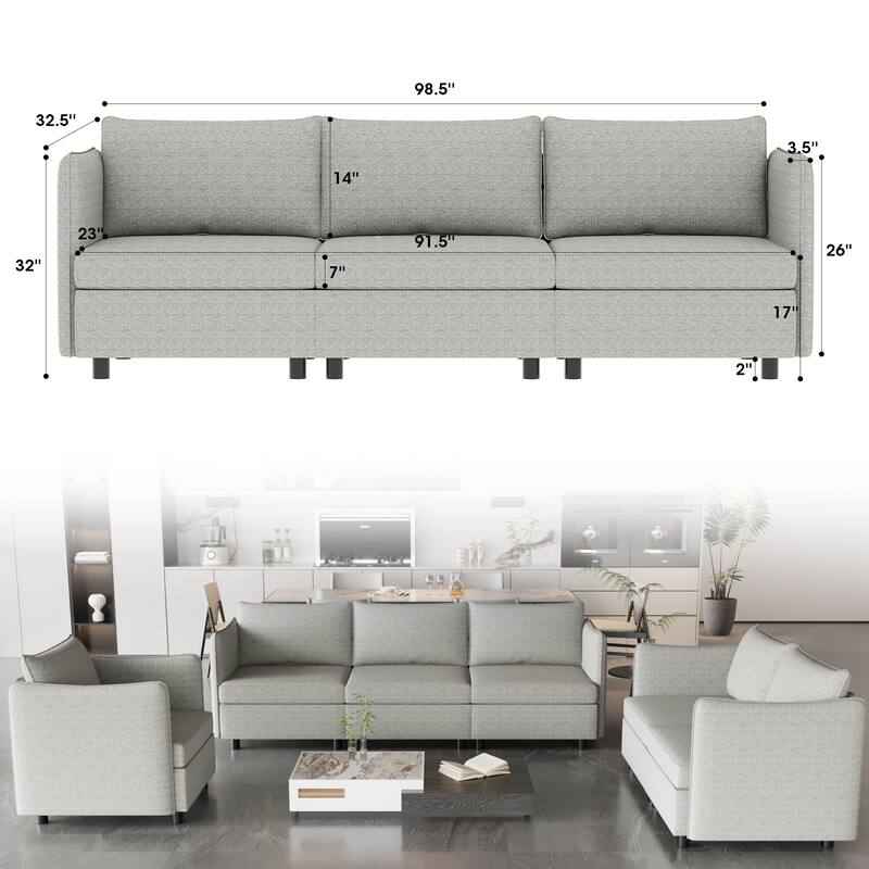 Modular Sectional Sofa with Storage and 3-Piece Configuration for Living Room