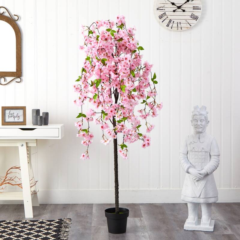 Artificial Cherry Blossom Tree 5ft Pink Flowers Slim Trunk Home Decor - Green - 51-60 Inches