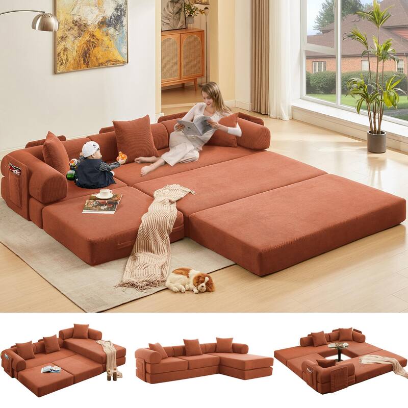 107" Orange Corduroy Modular Sectional Sofa Bed, 7-in-1, No Assembly