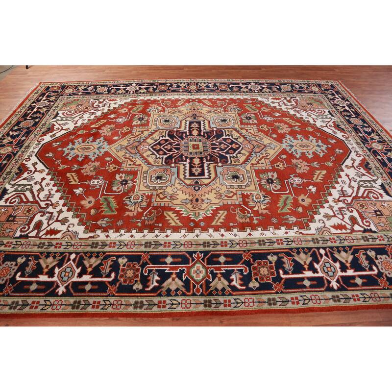Hand Knotted Oriental 100% Wool Carpet Traditional Medallion Oranges & Rust Heriz (serapi) Area Rug - 11' 9'' X 8' 10''