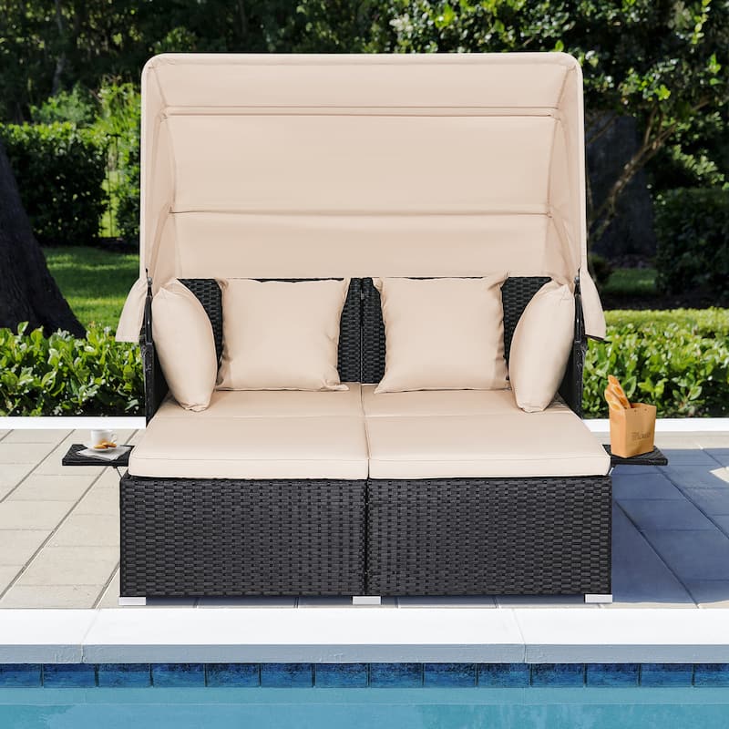 Gymax Patio Rattan Daybed Lounge Retractable Top Canopy Side Tables
