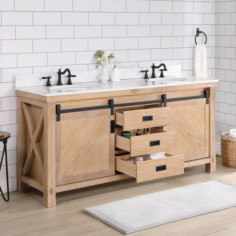 Cortes 72" Double Sink Bath Vanity in Weathered Pine with Countertop