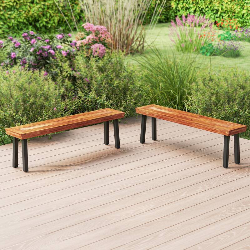 Gymax Outdoor Acacia Wood Benches Set of 2 w/ Slatted Top & Flared