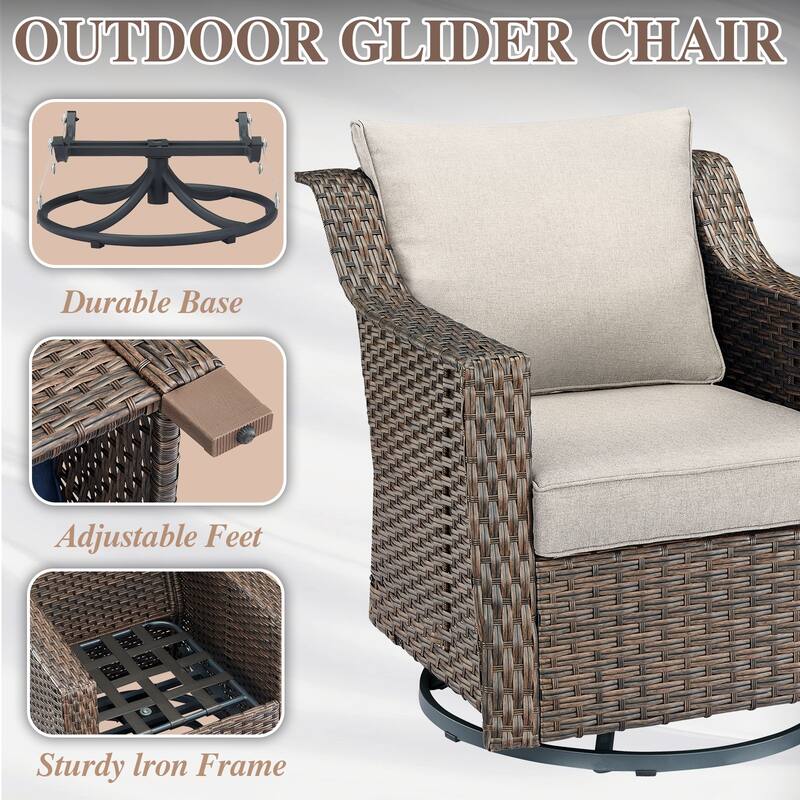 3 Pieces Wicker Swivel Rocking Chairs with Side Table - Brown