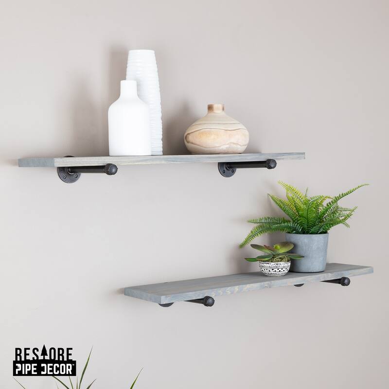 PIPE DECOR 36" Solid Wood Wall Shelves with Rustic Black Industrial Steel Pipe Brackets, Set of 2