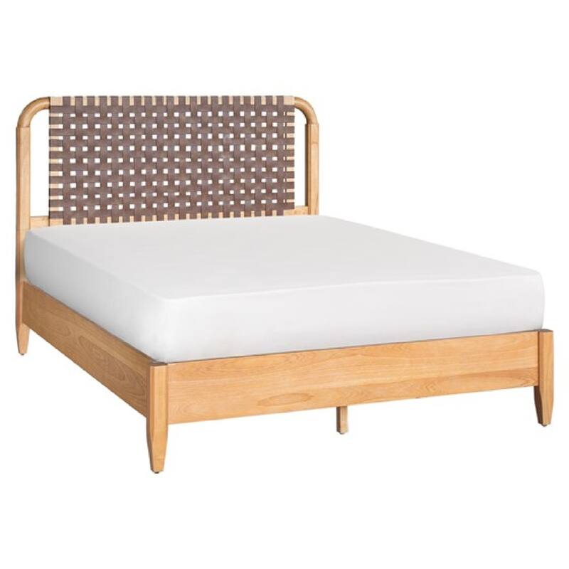 Roomfitters Woven Faux Leather Bed, Mid Century Modern Queen Size Wood Frame, Platform Headboard Furniture, Natural