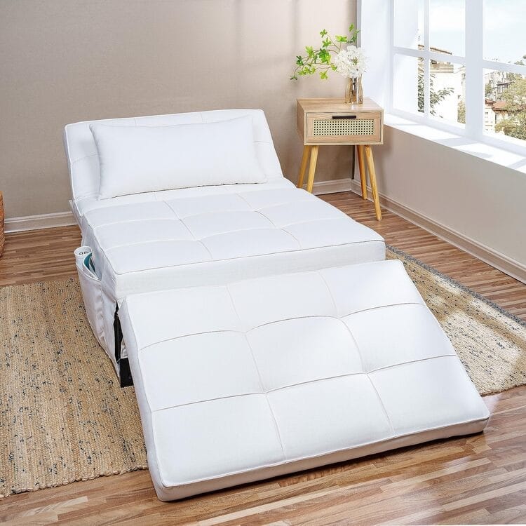 Sleeper Chair Bed, 4 In 1 Multi-Function Convertible Ottoman Bed, Breathable Linen Bed Chair, Convertible Sofa Bed - White,Single