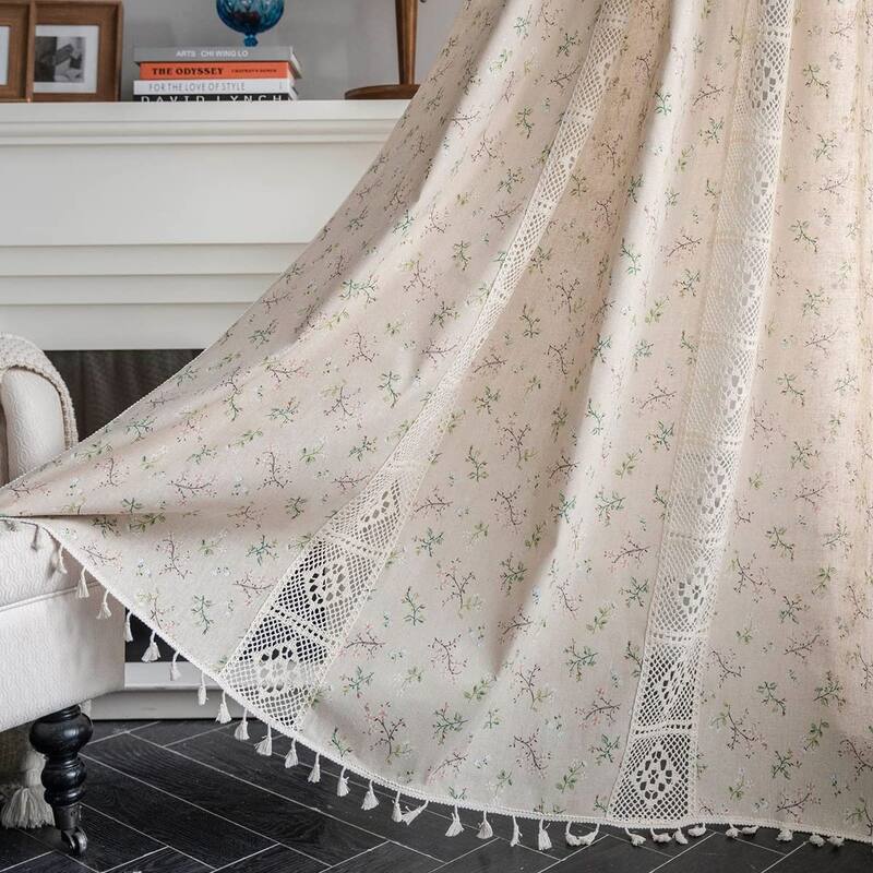 Boho Curtains, 63 inch Length 2 Panels Set Cotton Linen Semi Blackout Farmhouse Window Curtains with Tassel & Rod Pocket - Beige/Black