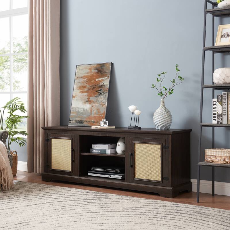 Modern Country Style TV Stand with 2 Shelf and 2 Separate Storage Storage for Living Room Bedroom and Office