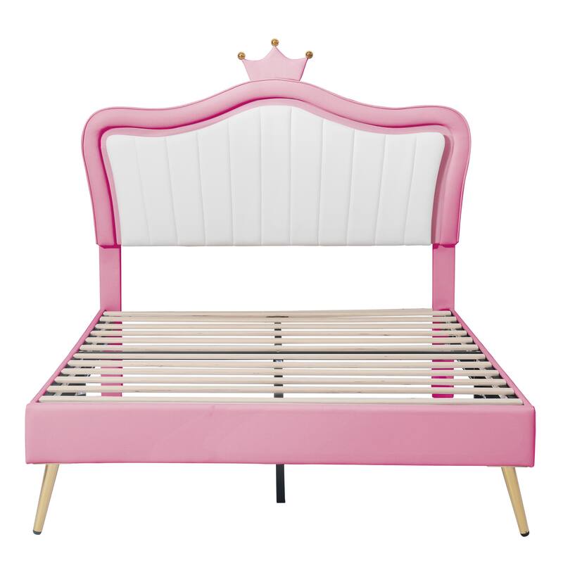 Modern Queen/Twin Full Upholstered Platform Bed with LED Lights, Adjustable Crown Headboard, No Box Spring