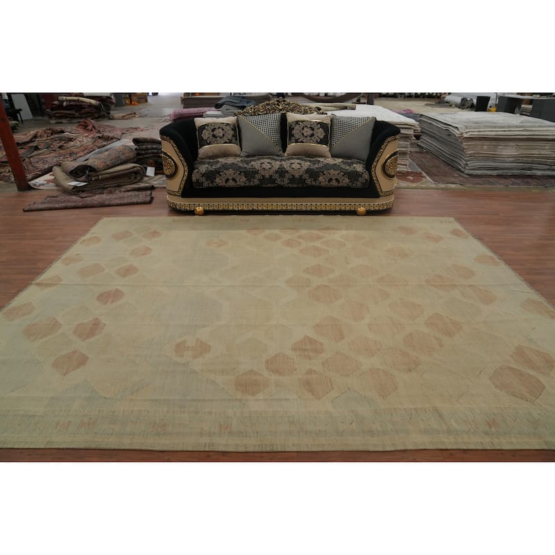 Hand Woven Oriental 100% Wool Carpet Southwestern Geometric Beige & Ivories Kilim Area Rug - 11' 11'' X 9' 1''