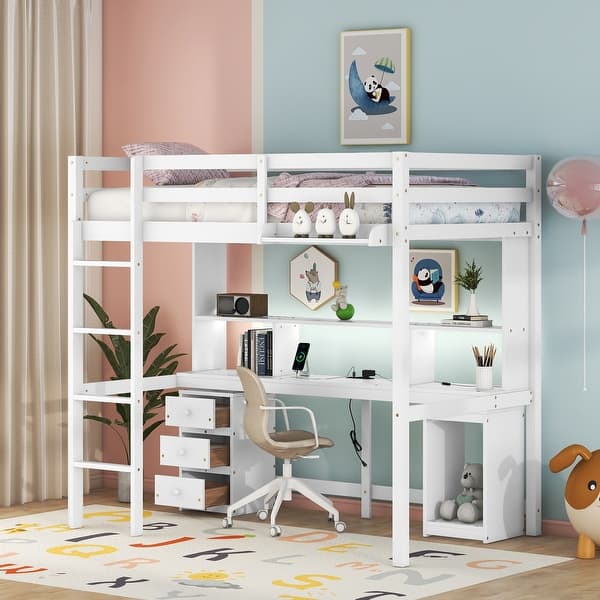 slide 2 of 3, White Full Wood Loft Bed with Multi-Storage Desk, Charging Station, LED Light, Tray Twin