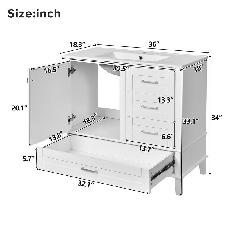Elegant 36-Inch Bathroom Vanity with Undermount Ceramic Sink, Soft Close Storage Drawers, Silver Handles - Contemporary Look