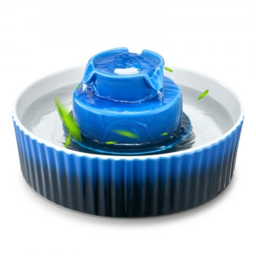 Blue Ceramic Pet Water Fountain 2.1L with Quiet Pump and Dual Filter - 9.45 x 9.45 x 5.12 in