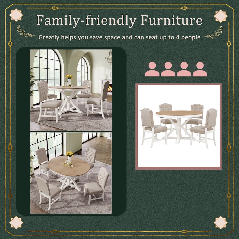 5 Pcs Wooden Round Dining Table Set, Kitchen Dining Table Chair Set with Extendable Table and 4 Upholstered Chairs