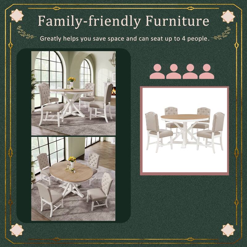 Retro 5-Piece Wooden Dining Table Set with Extendable Round Table & 4 Chairs