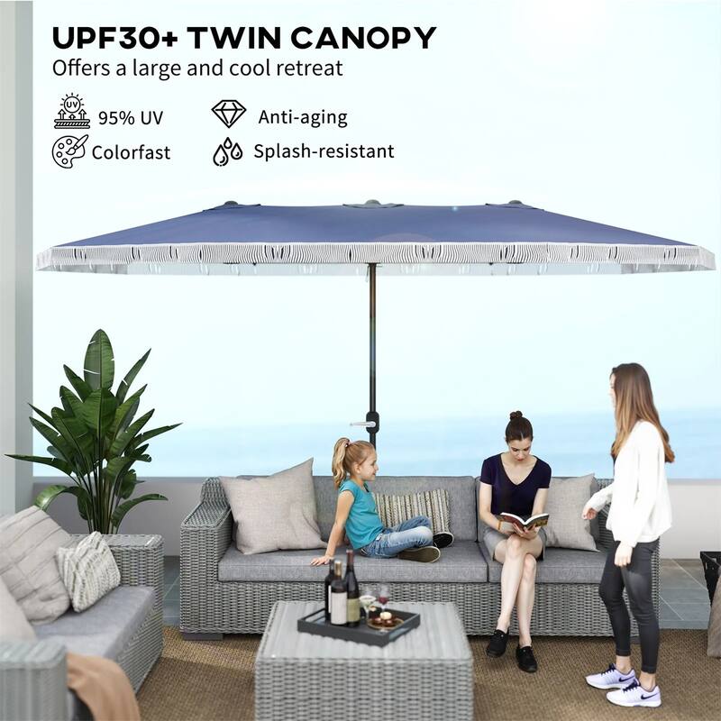 Large Double Rectangle Patio Umbrella with Crank Lift and UV Protection Steel Pole Fringe